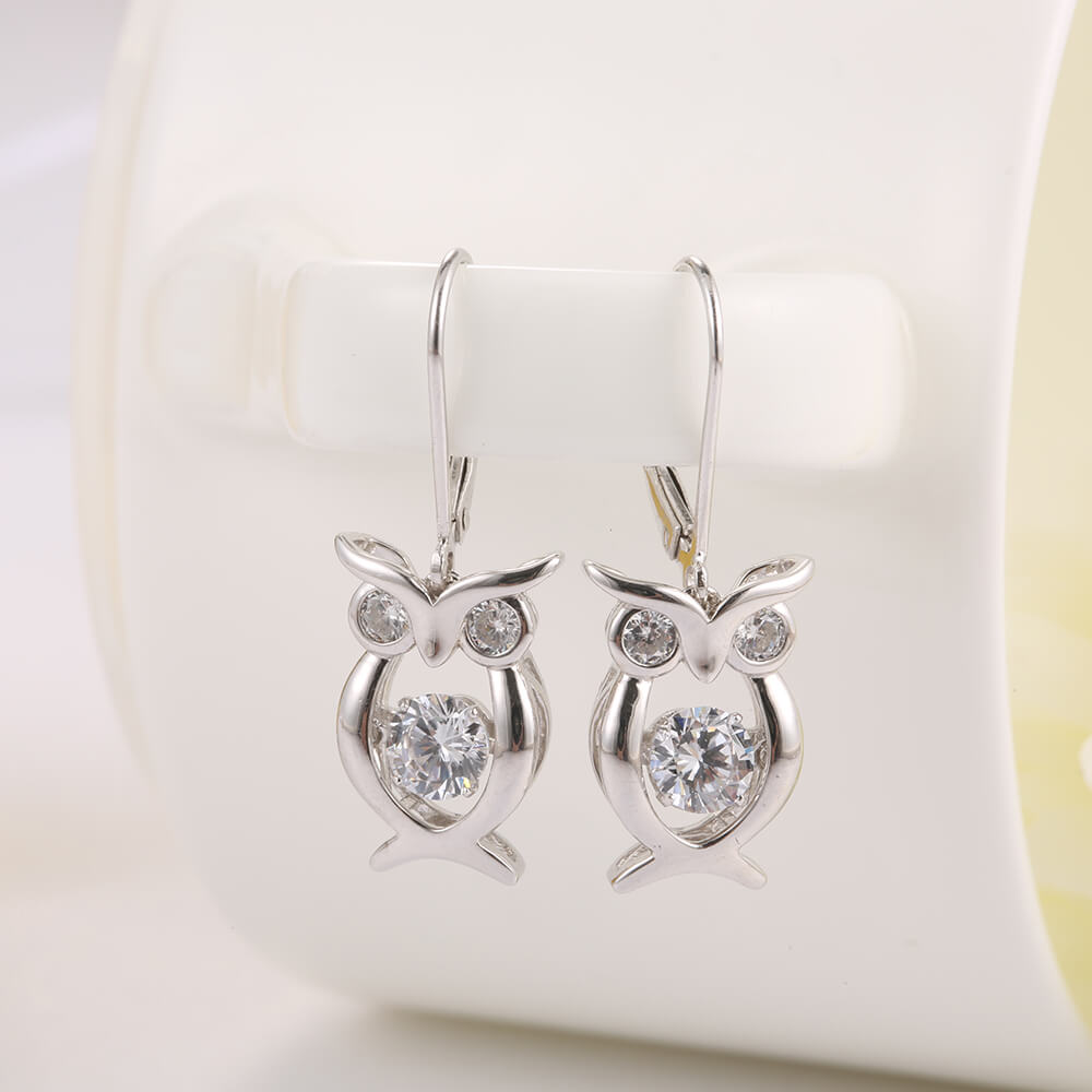 Dropshipping Valentines Day Gift 925 Sterling Silver Jewelry Cubic Zirconia Dancing Heart Shaped owl Earrings
