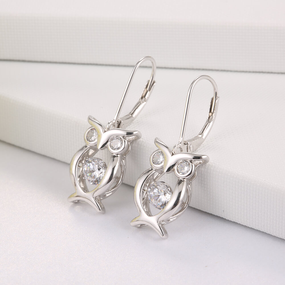 Dropshipping Valentines Day Gift 925 Sterling Silver Jewelry Cubic Zirconia Dancing Heart Shaped owl Earrings