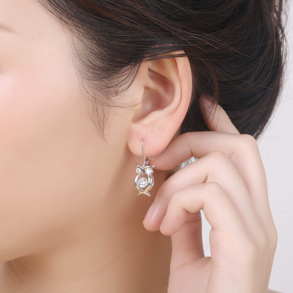 Dropshipping Valentines Day Gift 925 Sterling Silver Jewelry Cubic Zirconia Dancing Heart Shaped owl Earrings