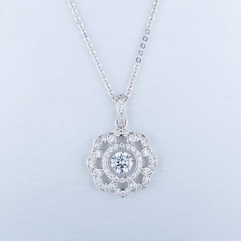 CZ Stone Flower Halo Cluster Pendant Necklace Dancing Diamond Zircon Flower Necklace