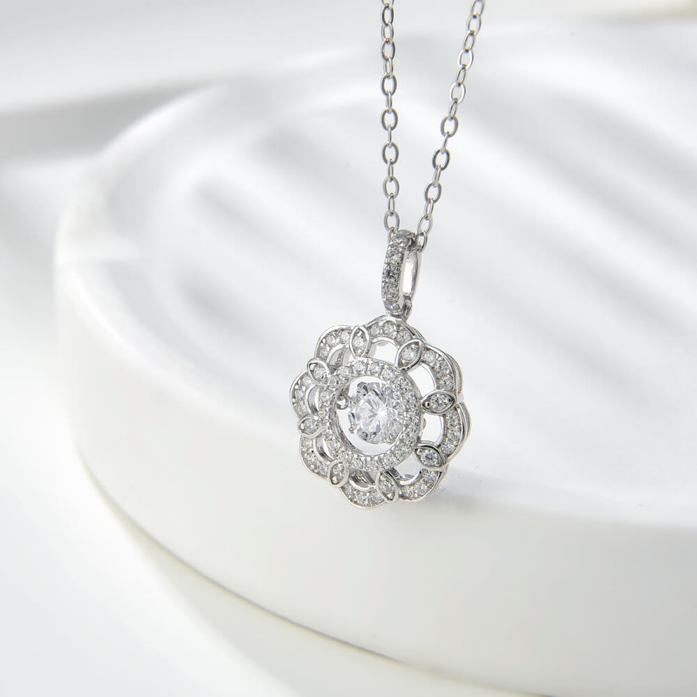 CZ Stone Flower Halo Cluster Pendant Necklace Dancing Diamond Zircon Flower Necklace