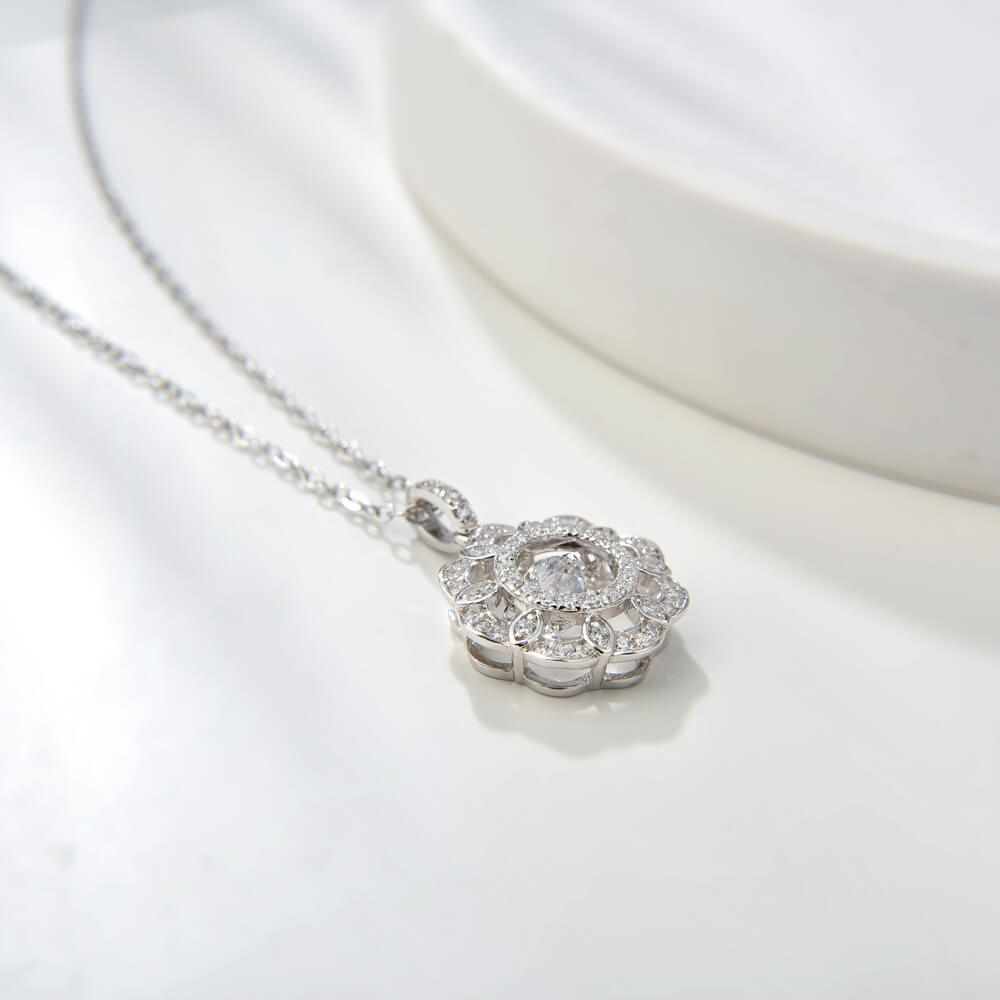 CZ Stone Flower Halo Cluster Pendant Necklace Dancing Diamond Zircon Flower Necklace