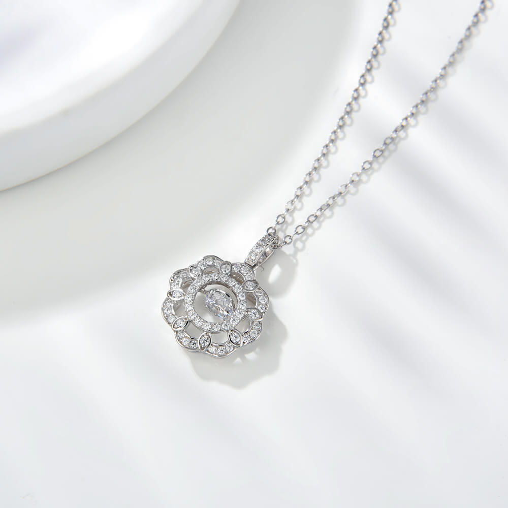 CZ Stone Flower Halo Cluster Pendant Necklace Dancing Diamond Zircon Flower Necklace