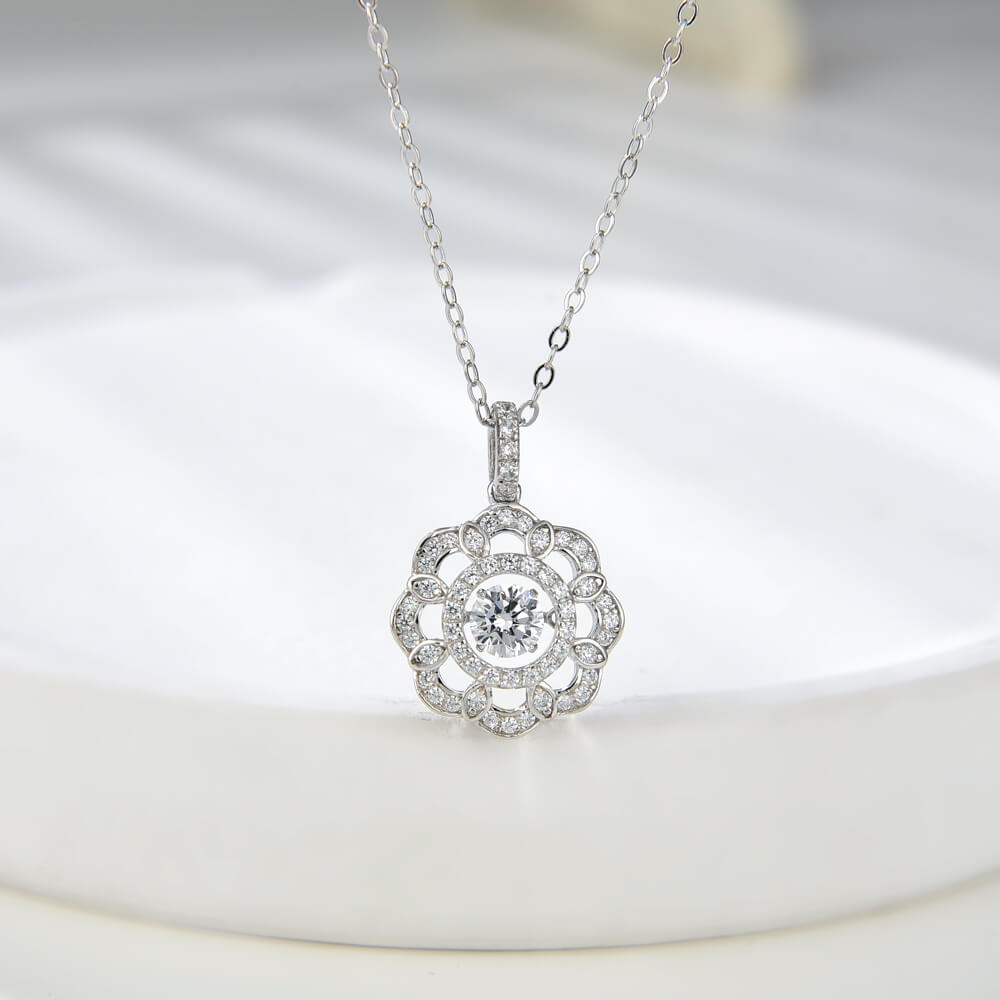 CZ Stone Flower Halo Cluster Pendant Necklace Dancing Diamond Zircon Flower Necklace