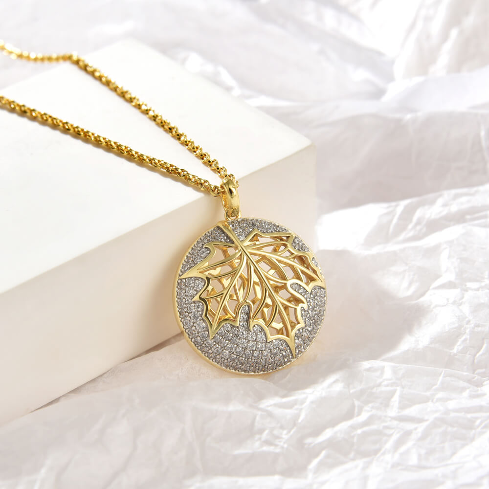 Trendy pretty 18k gold plated maple leaf shiny zircon silver 925 necklace pendant