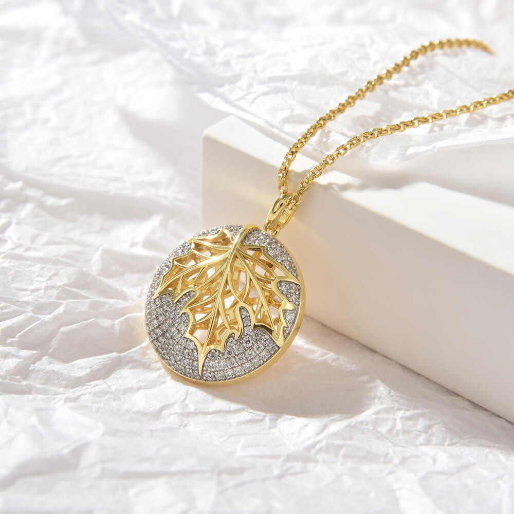 Trendy pretty 18k gold plated maple leaf shiny zircon silver 925 necklace pendant